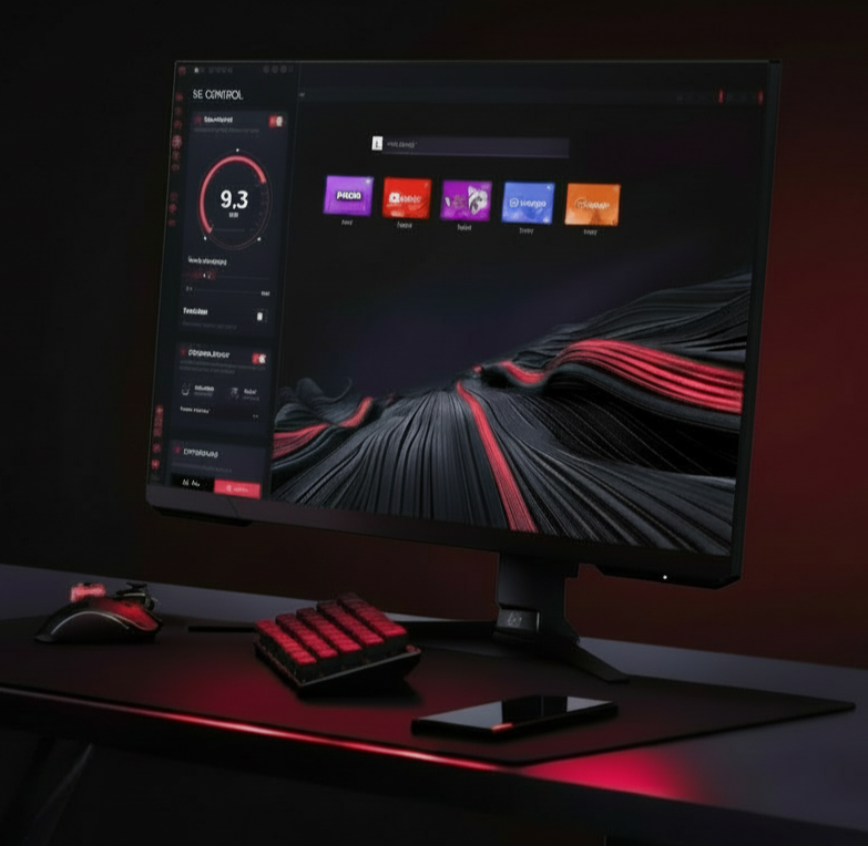 Opera GX gaming browser on a desktop monitor with red lighting
